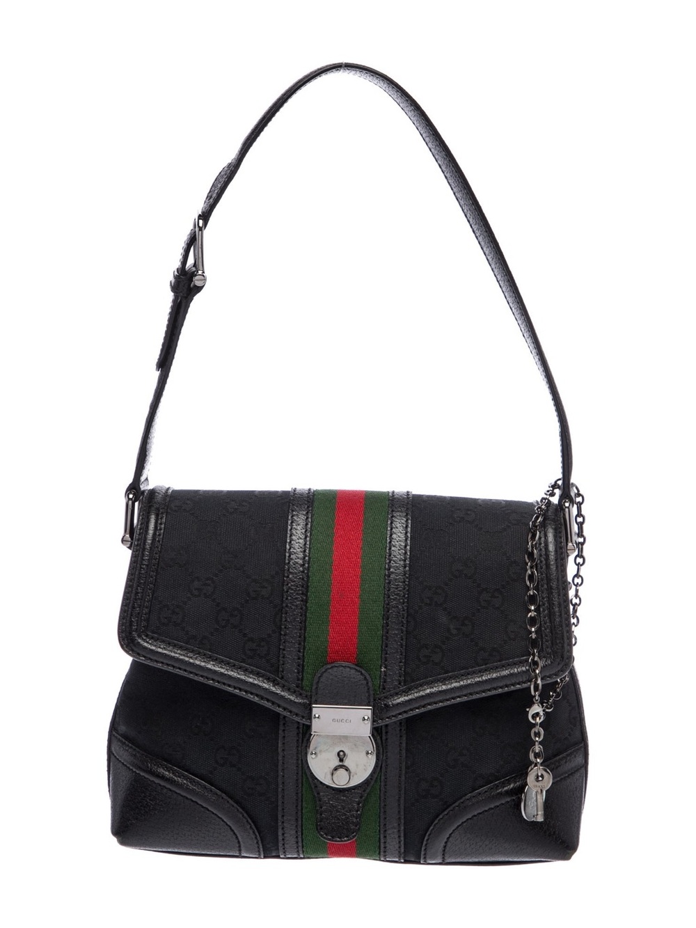 Vintage Gucci GG Monogram Logo Web Stripe Treasure Shoulder Bag Lock Key Black